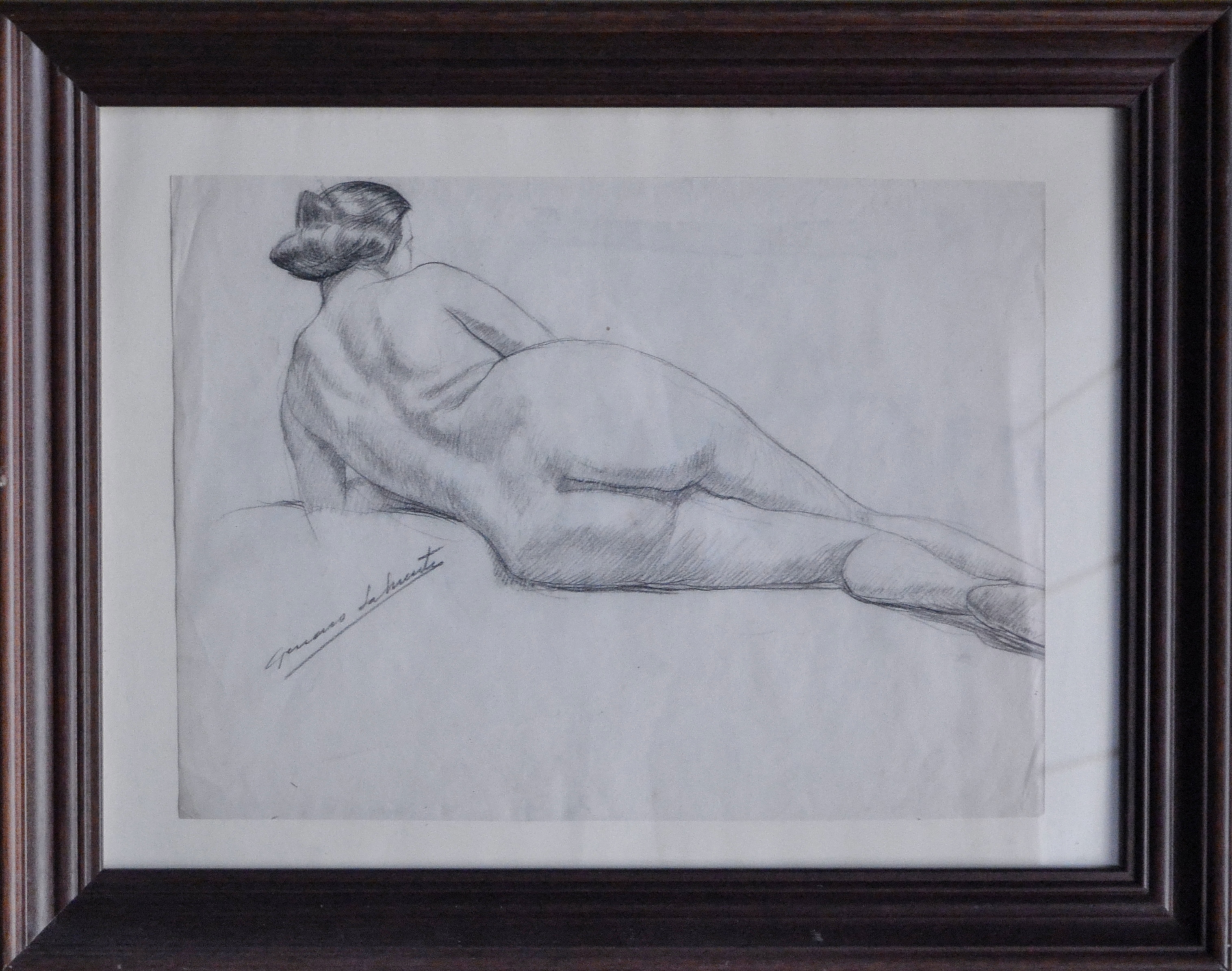 Genaro Lahuerta - Mujer desnuda tumbada de espaldas dibujo lápiz papel,  enmarcado - El Marco Verde - Obra Gráfica posters y Enmarcación