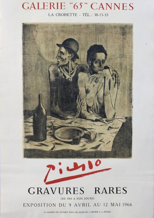 Pablo Picasso, Le repas frugal, cartel original exposición Gravures Rares en Galerie 65 Cannes en 1966