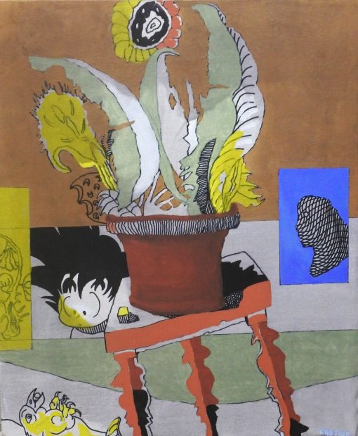 Jorge Castillo - "El pájaro burlón y Goku curioso" pintura acrílico sobre lienzo