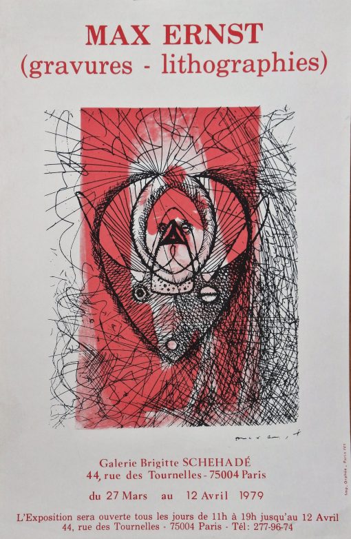 Max Ernst - "Gravures - lithographies" cartel original exposición en Galerie Brigitte Schehadé Paris en 1979